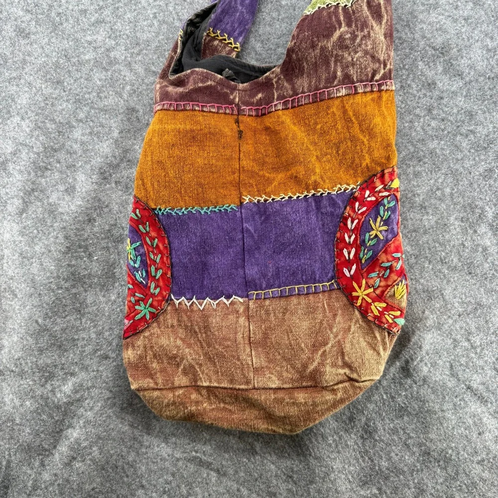 Made in Nepal Boho Patchwork Hobo Bag‎ Womens Multicolor Peace Sign Embroidery